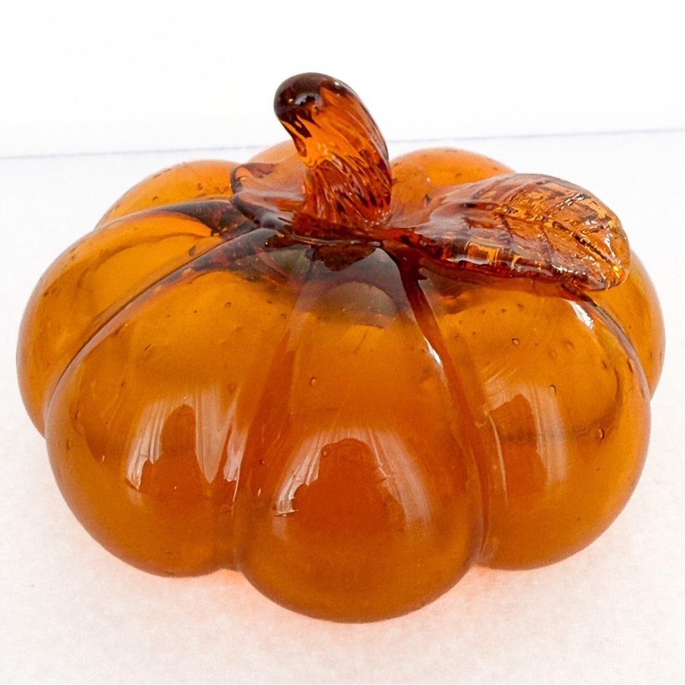 Hand Blown Amber Art Glass Pumpkin Paperweight Mini Figurine Gourd Fall 3.5"